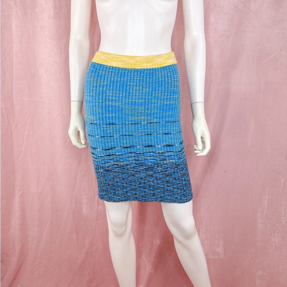 Staud Womens Blue Ribbed Knit Mini Skirt Size Small Space Dyed Bodycon Stretch
